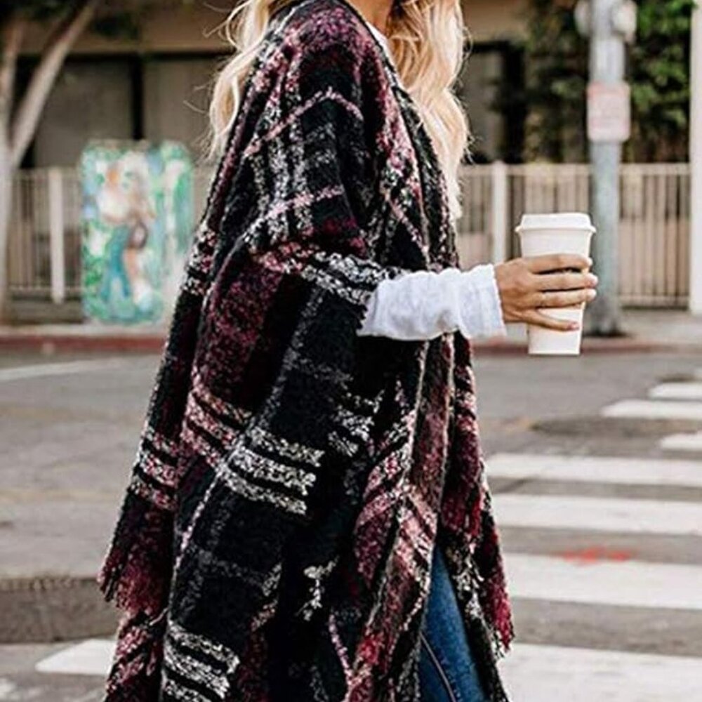 Women boho buffalo plaid poncho OZ